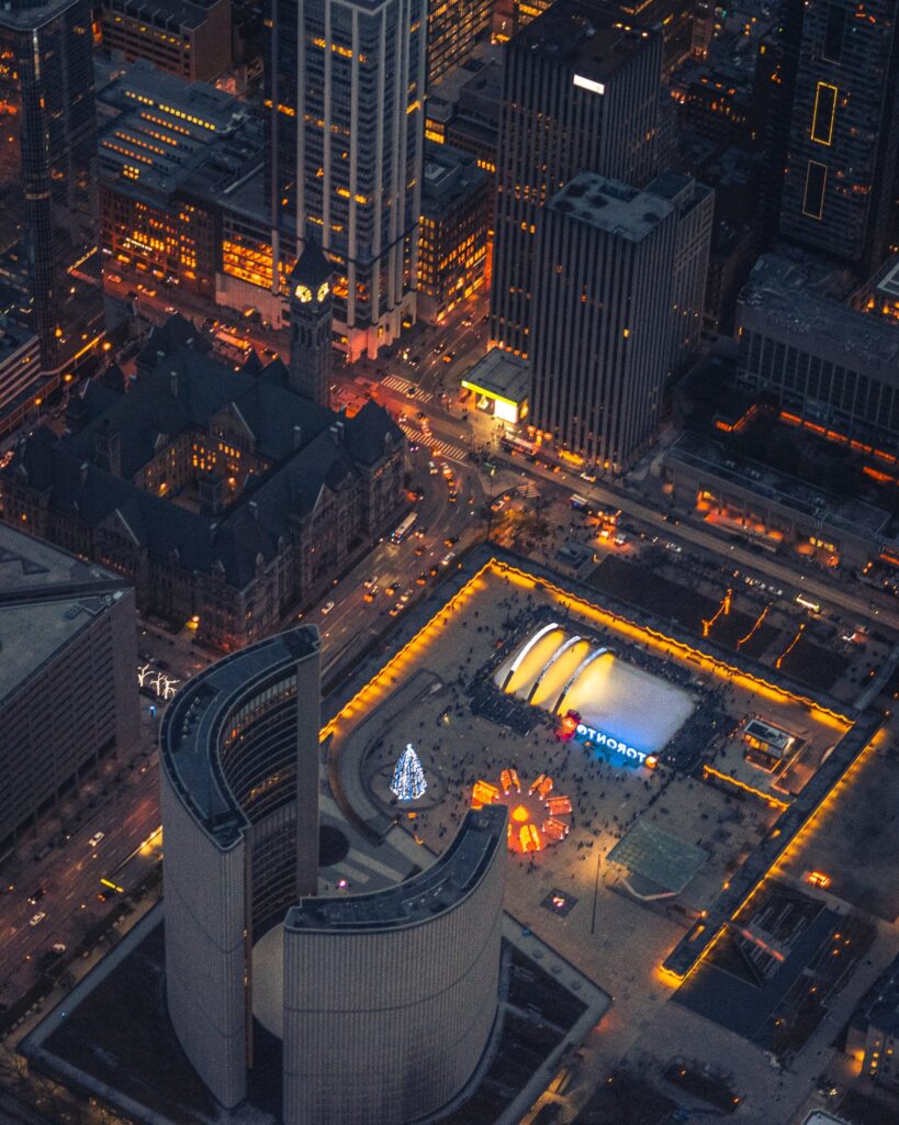Aerial View of Toronto City Hall at Night 